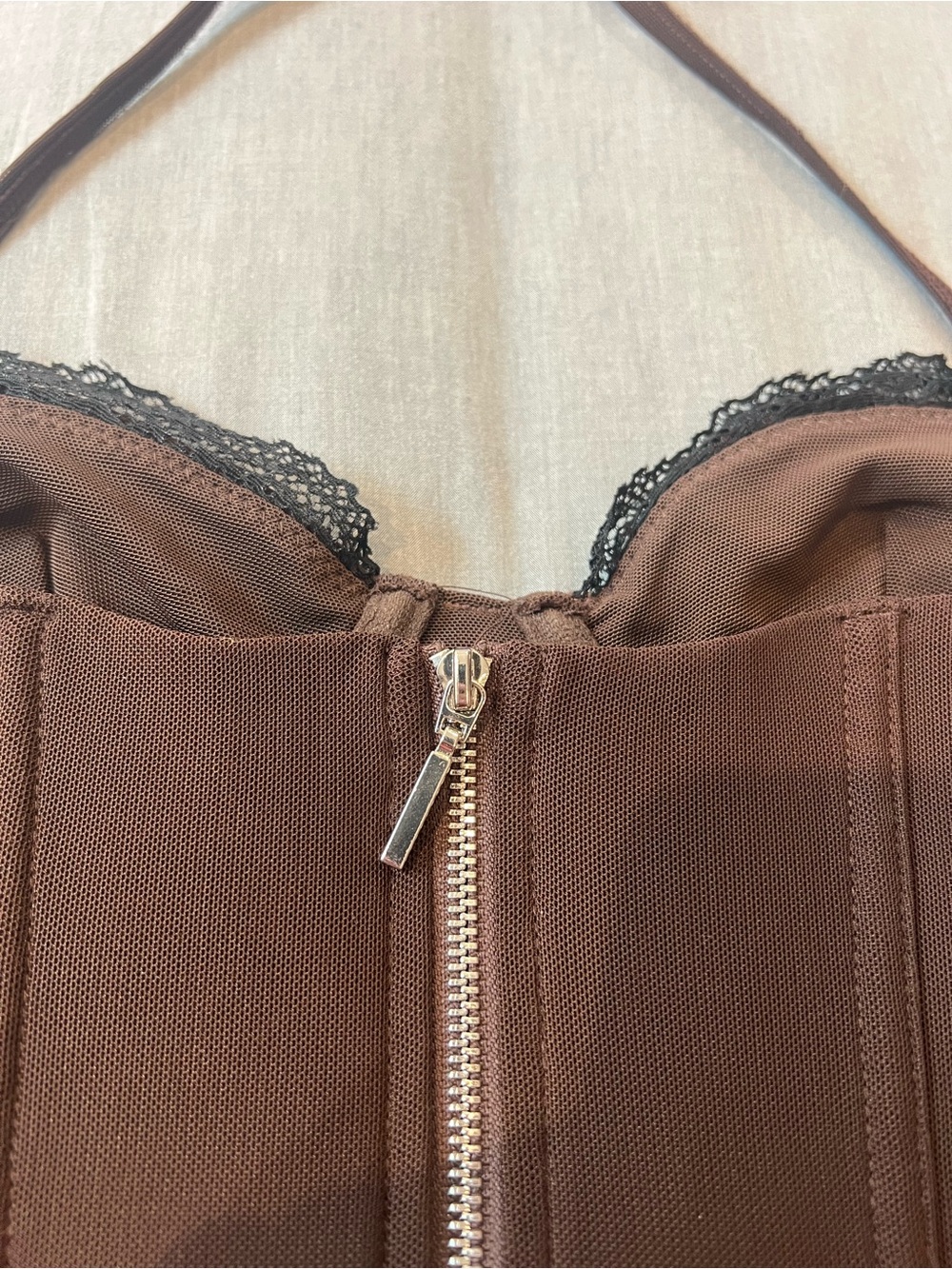 White Fox Boutique Brown Halter Bustier with Lace Trim - Picture 4 of 7